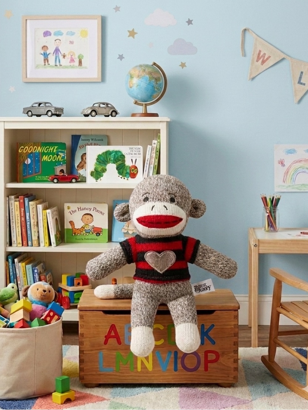 Plush Sock Monkey with Red & Black Striped Sweater. New